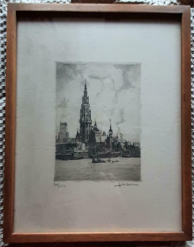 Juliaan Severin - Zicht op Antwerpen - Ets, Ophalen of Verzenden