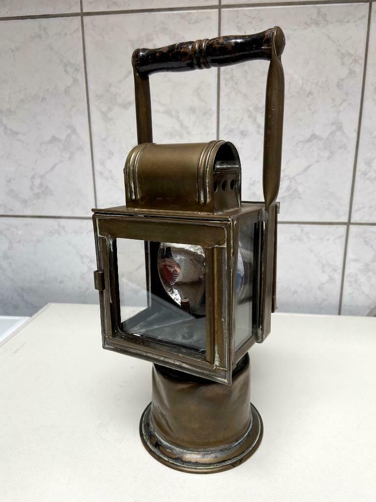 Antieke carbuur spoorweglamp/seinlamp met extra groen glas, Antiek en Kunst, Ophalen