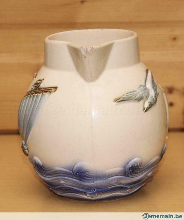 Porcelaine_25_ancien pichet barbotine décor marine - Digoin, Antiek en Kunst, Antiek | Keramiek en Aardewerk, Ophalen of Verzenden