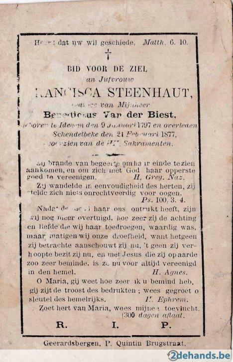 Doodsprentje STEENHAUT F - overleden in 1877, Verzenden, Gebruikt