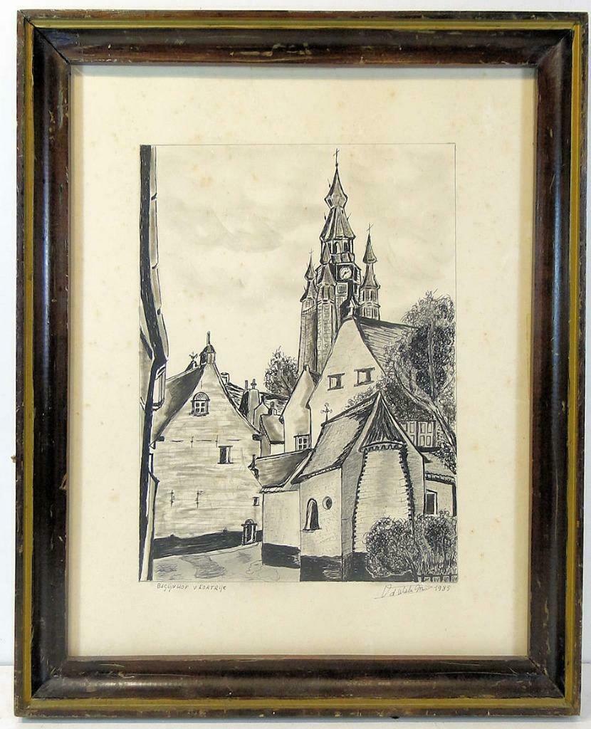 M Van de Wiele  *   Begijnhof van Kortrijk  *  Tekening, Ophalen of Verzenden