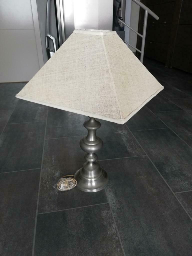 Grote antieke tinne lamp (76cm hoog) stoffen kap (werkend), Ophalen of Verzenden