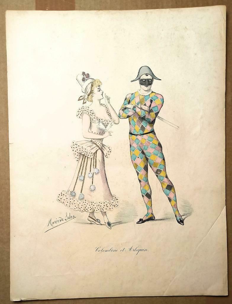 Prent Colombine et Arlequin - Harlekijn en Colombina, Antiquités & Art, Art | Lithographies & Sérigraphies, Enlèvement ou Envoi
