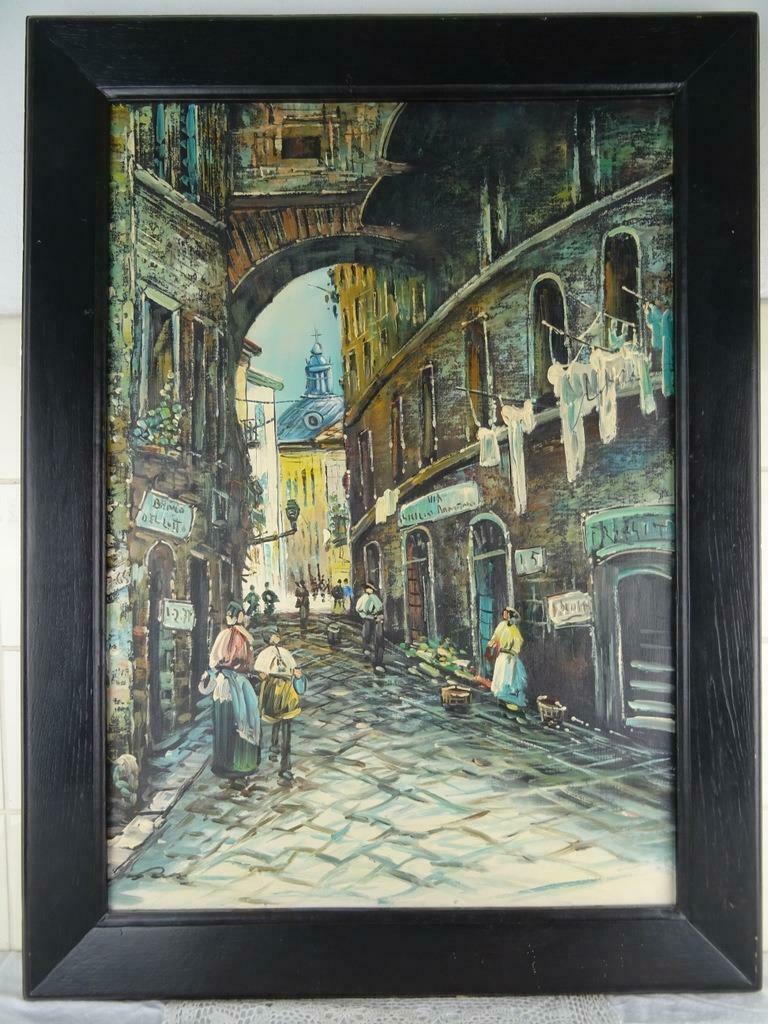 Vintage schilderij vintage schilderij Italiaanse straat 1950, Ophalen of Verzenden