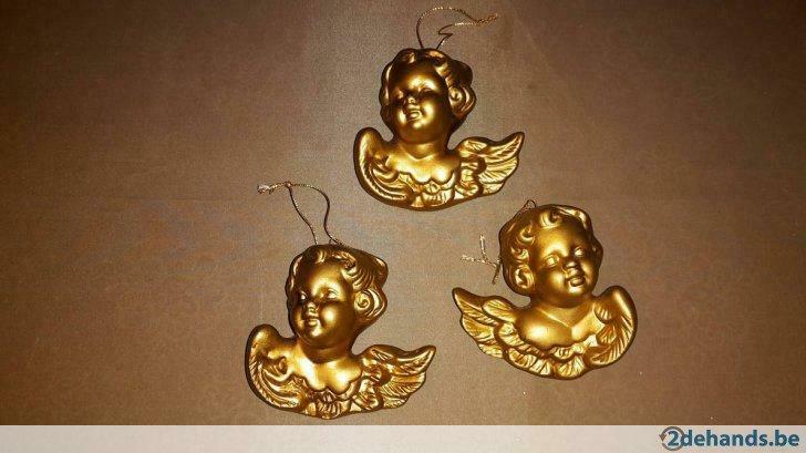 3 goudkleurige gipsen engeltjes, Diversen, Kerst, Gebruikt
