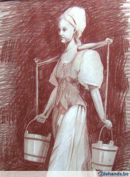 Melkmeisje, rood krijttekening van Guido Torfs, Antiquités & Art, Art | Dessins & Photographie