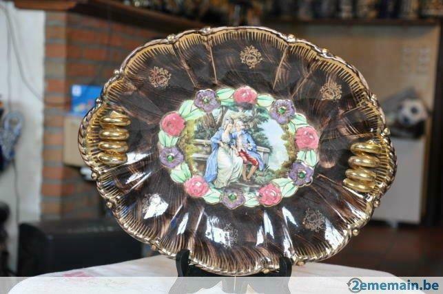 plat faience ovale  bequet au galant poignée dorée, Enlèvement ou Envoi