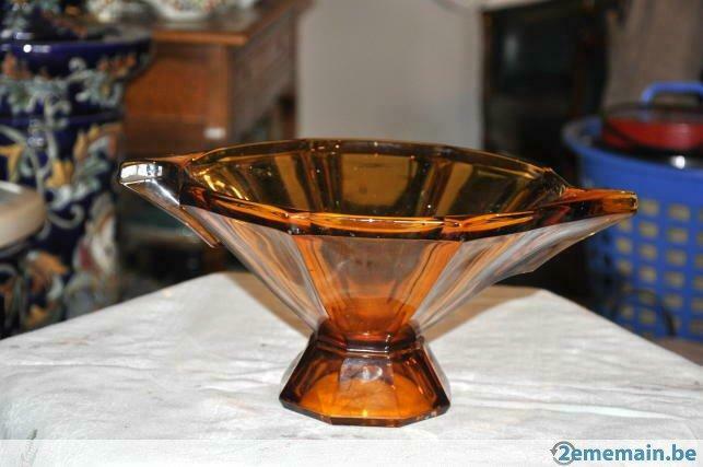 corbeille a fruit art deco en verre facette ocre, Antiquités & Art