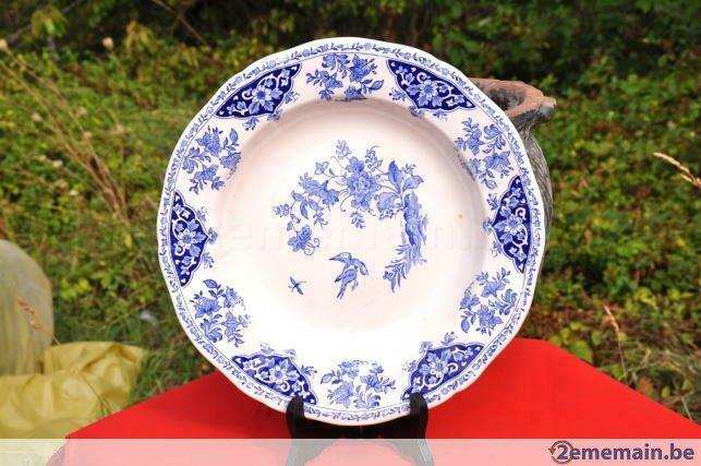plat creux gien decor bleu fleur oisea, Antiquités & Art, Antiquités | Céramique & Poterie