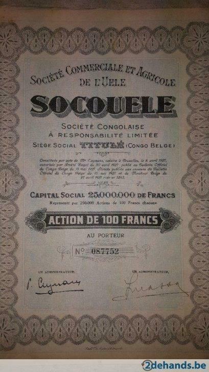 Societe Commerciale Et Agricole De L'uele Action De 100 Fran, Enlèvement ou Envoi