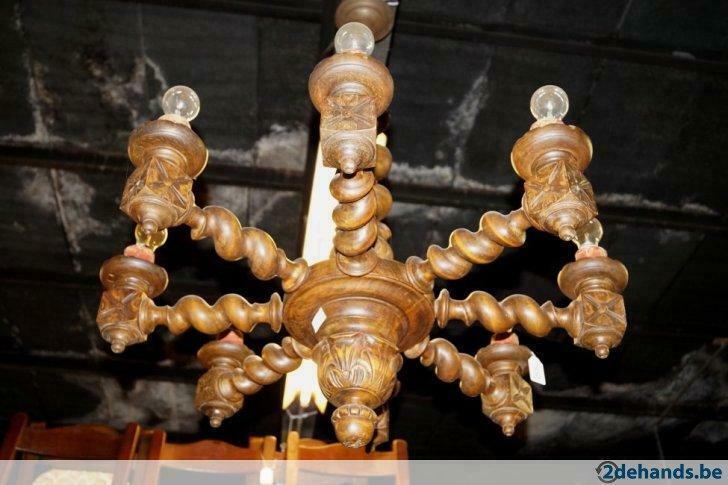 Grand lustre ancien en bois lourd à 8 bras diam.90 H 110, Maison & Meubles, Lampes | Lustres, Utilisé, Bois, Enlèvement