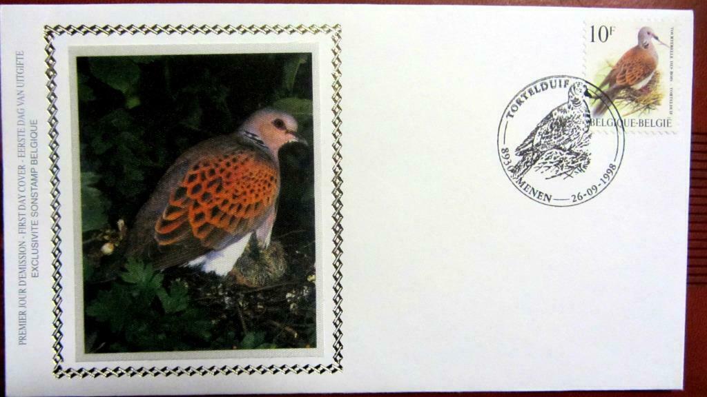 FIRST DAY COVER OP ZIJDE - VOGELS VAN BUZIN- DE TORTELDUIF, Ophalen of Verzenden, Gestempeld, Dier of Natuur