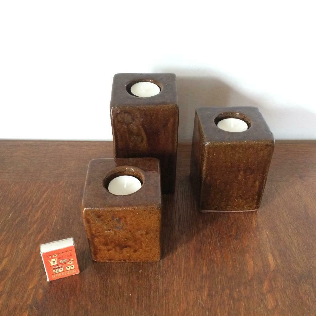 3 bougeoir à thé rectangulaire émaillé marron pierre '70, Moins de 25 cm, Enlèvement ou Envoi, Brun, Utilisé