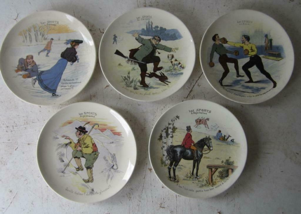 vijf antieke keramiek borden Les Sports oa schaatsen, Verzenden