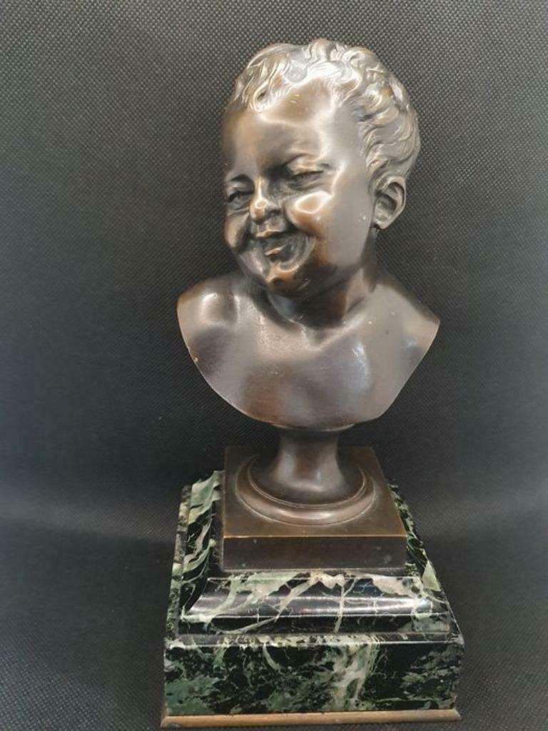 bronze (Jean qui rit) d apres HOUDON sur socle en marbre vei, Antiquités & Art, Enlèvement ou Envoi, Bronze