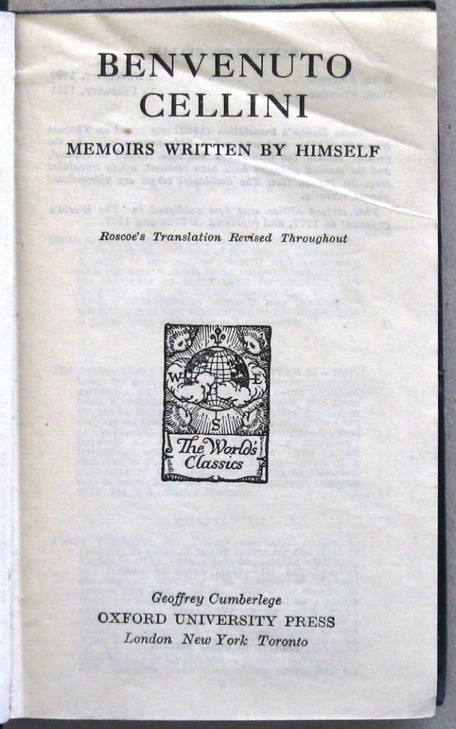 Benvenuto Cellini Memoirs 1947 Maniërisme, Ophalen of Verzenden