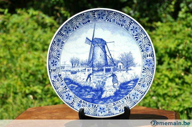 plat mural faience delft au moulin et patineur, Antiquités & Art, Enlèvement ou Envoi