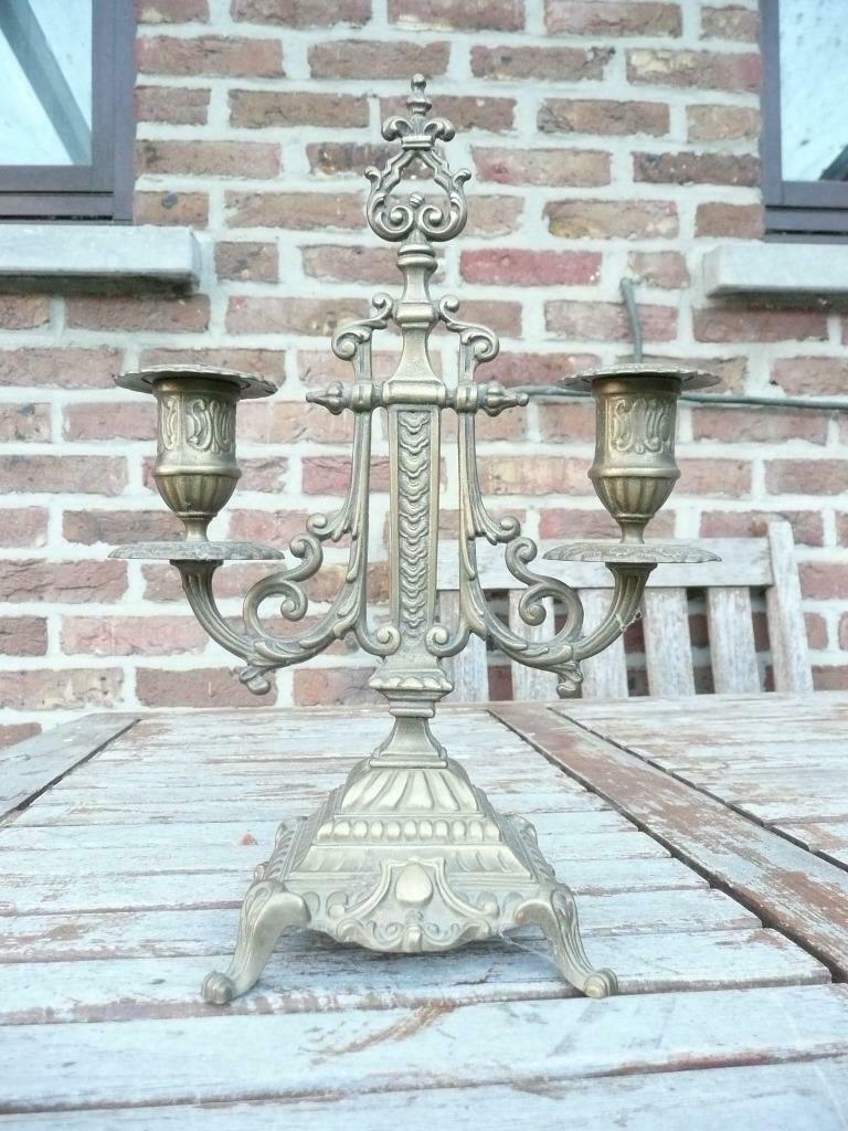 antieke kandelaars/kaarsenhouders (koper, hout, tin, metaal), Ophalen, Koper of Brons