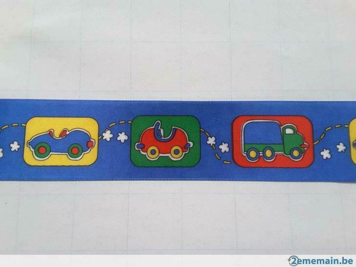 Braid - satijnlint 40 mm koningsblauw met vrachtwagenmotief, Hobby en Vrije tijd, Naaien en Fournituren, Ophalen of Verzenden