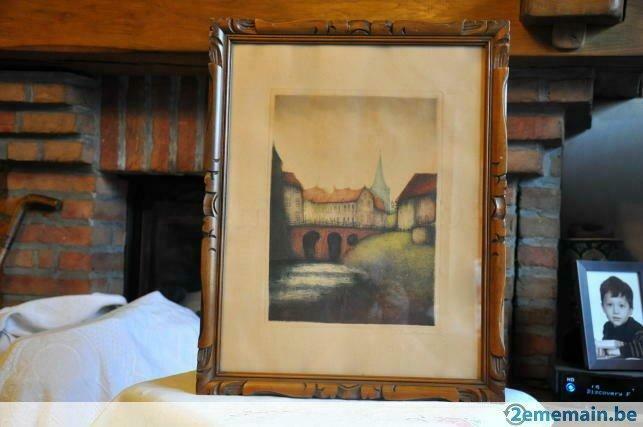 lithogravure riviére et pont  cadre bois vitré