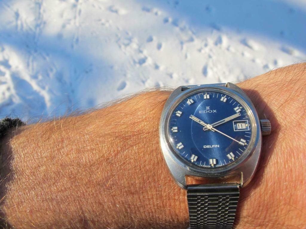 Montre homme SS Edox Delfin datée ca.1970 révisée + boîte, Antiquités & Art, Enlèvement ou Envoi