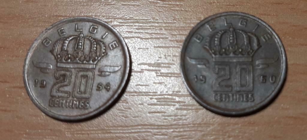 20 centimes belgië 1954 et 1960 TTB, Bronze type mineur, Timbres & Monnaies, Enlèvement ou Envoi, Bronze