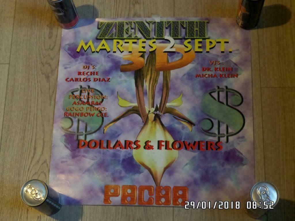 Poster Zenith 3D - Dollars & Flowers @ Pacha - Discothèque, Collections, Enlèvement ou Envoi, Utilisé, Carré, Musique