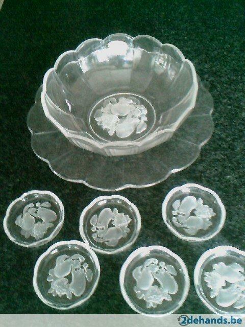Val Saint lambert kom+schotel+6 glazenonderzetters, Antiek en Kunst