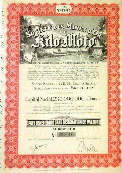 Titre du Congo Belge de la " Société Mine d'Or Kilo Moto ", Enlèvement ou Envoi, 1940 à 1960