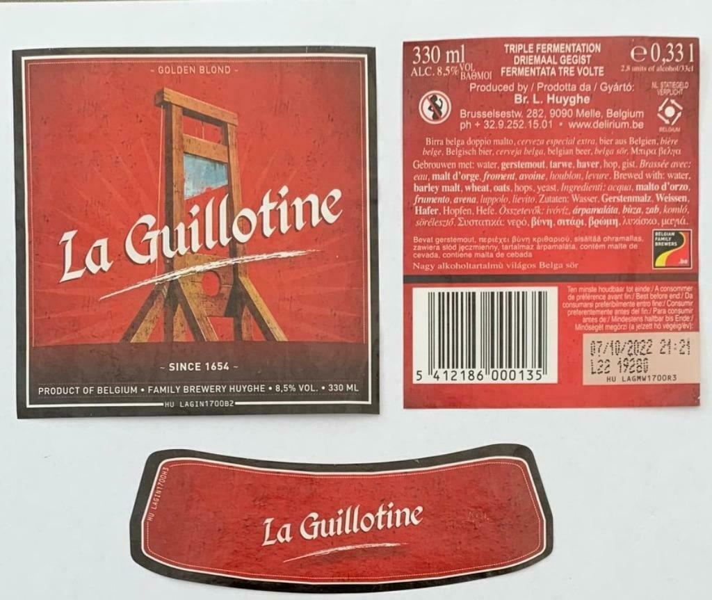 Bieretiket La Guillotine Brouwerij L. huyghe (2l9), Verzamelen, Ophalen of Verzenden, Gebruikt, Overige typen, Overige merken