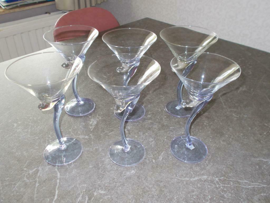 6 Cocktail glazen met blauwe voet, Ophalen, Zo goed als nieuw, Glas, Glas of Glazen