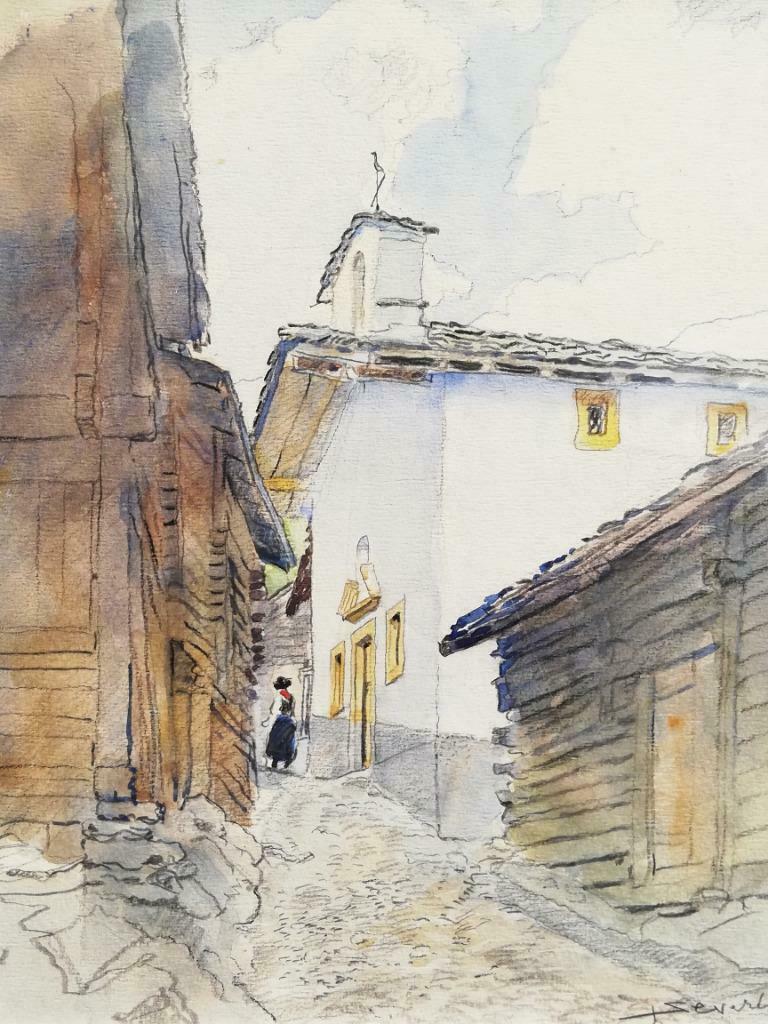 Juliaan Severin - mooie tekening - bergdorp in Europa - 50s, Antiek en Kunst, Kunst | Schilderijen | Klassiek, Ophalen