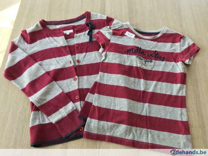 2-delig: t-shirt en gilet grijs/bordeaux gestreept mt 134, Gebruikt, Meisje, JBC, Ophalen of Verzenden