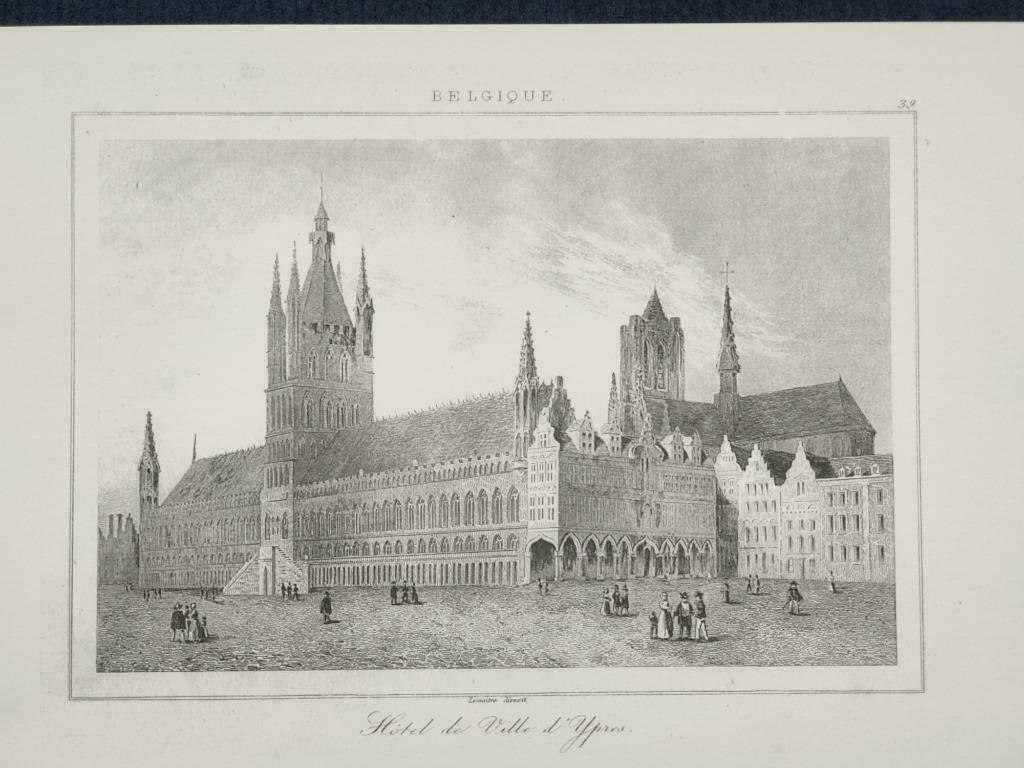 3 gravures Hôtel de Ville & Les Halles D'Ypres : stad Ieper., Antiek en Kunst, Kunst | Etsen en Gravures, Ophalen of Verzenden