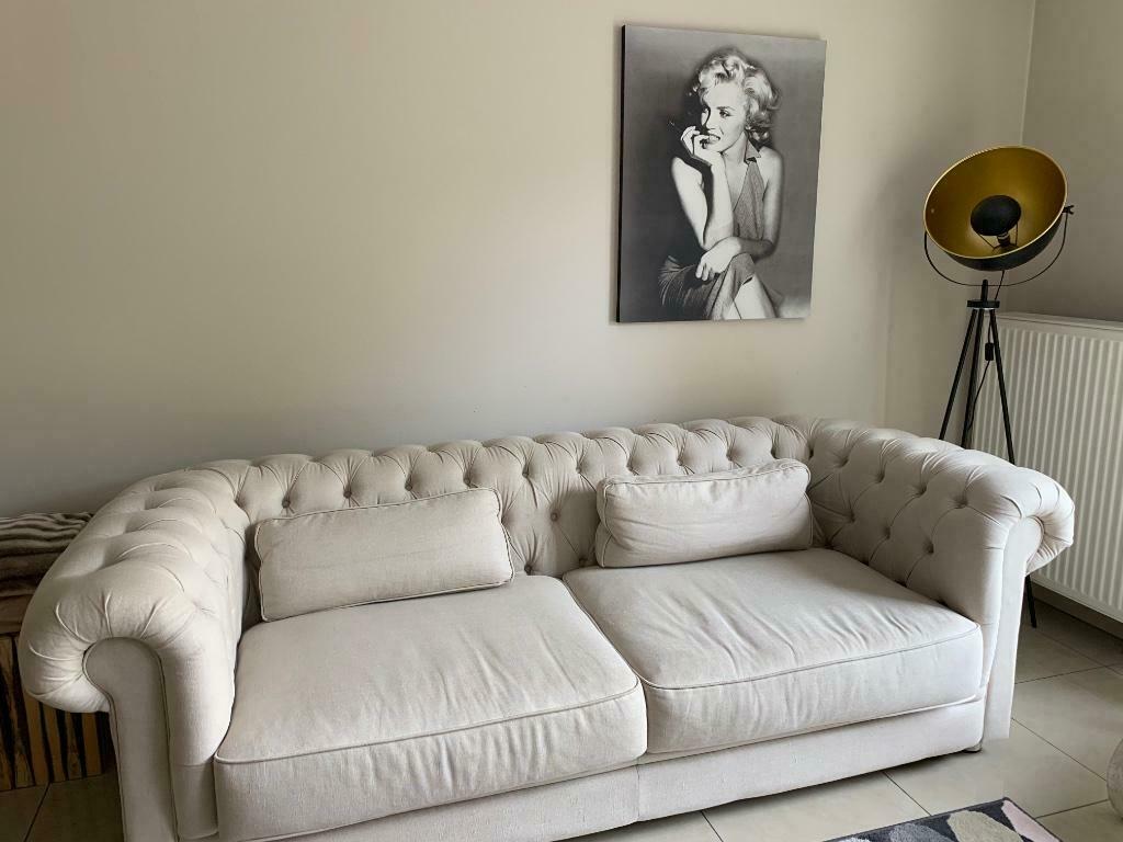 Canapé chesterfield en lin beige, Maison & Meubles, Banc droit, Une personne, Enlèvement, Utilisé