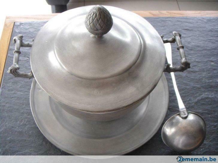 Soupière en étain 94% Geerinco + Plat 90% + Louche 94%, 70's, Antiquités & Art, Enlèvement ou Envoi