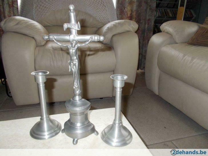 Tinnen kandelaars + kruisbeeld, Antiek en Kunst, Ophalen of Verzenden