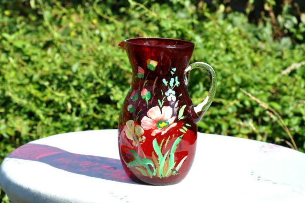 § pichet verre souffle peint main, Antiquités & Art, Enlèvement ou Envoi