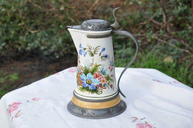 pichet faience et etain peint main, Antiquités & Art