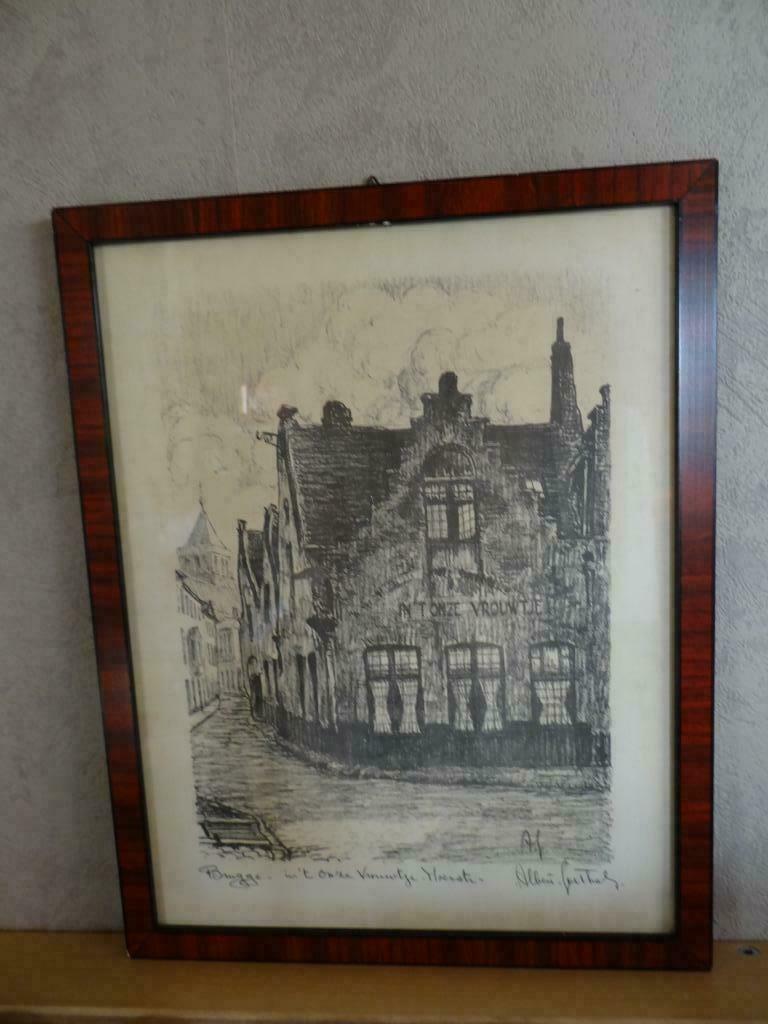Kader met tekening van Brugge GETEKEND door Albert Goethals, Minder dan 50 cm, Gebruikt, Ophalen of Verzenden, Minder dan 50 cm