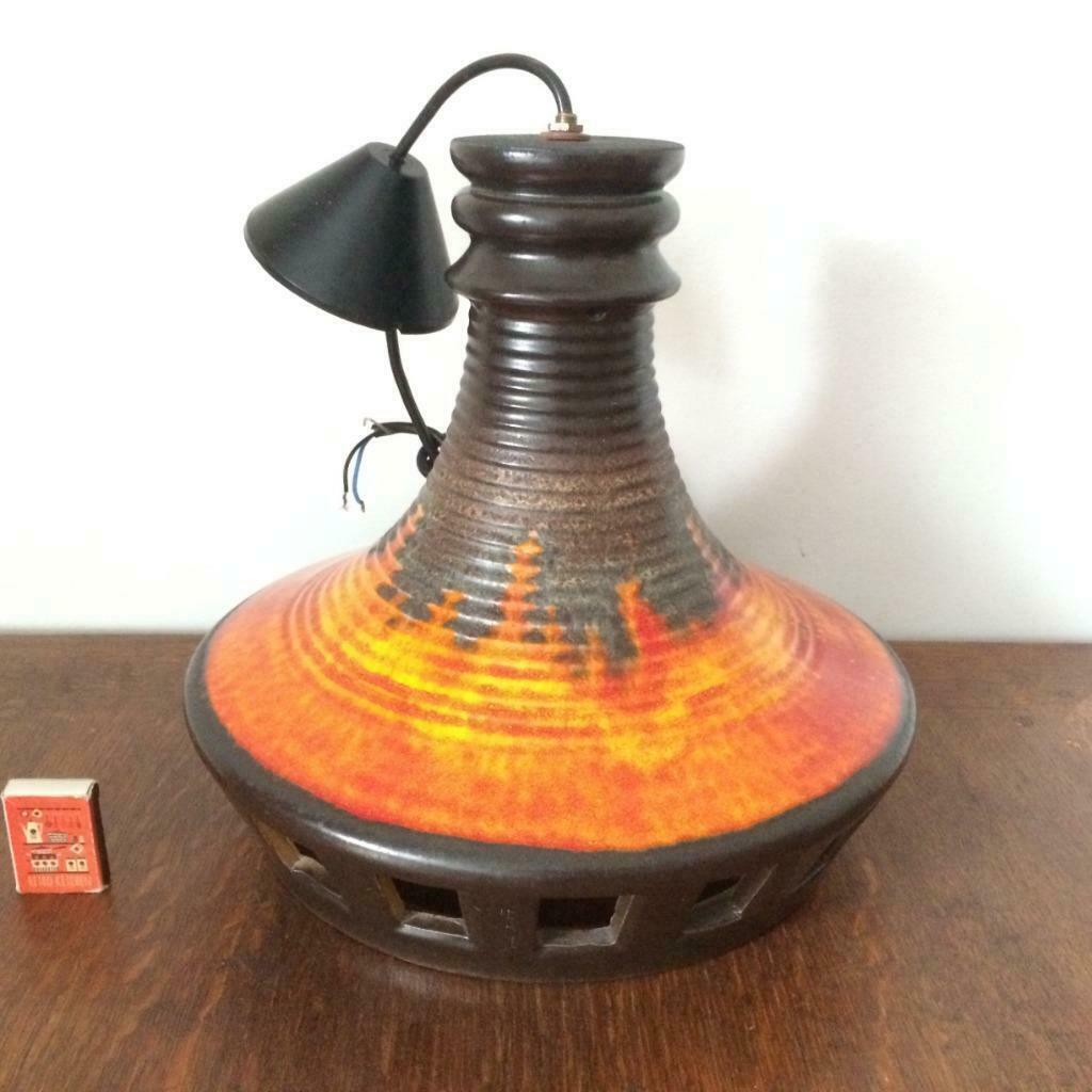 Jaren 70 kelk hanglamp groot lava vlam oranje geel bruin, Ophalen of Verzenden, Gebruikt, Bruin
