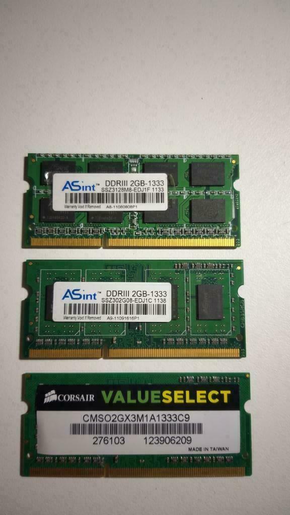 Laptopgeheugen DDR3 6GB 1333Mhz (3 x 2GB), Computers en Software, RAM geheugen, Gebruikt, Ophalen of Verzenden, DDR2, 2 GB