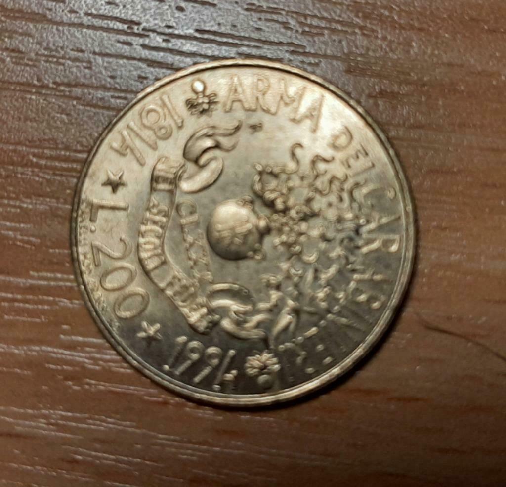 Italiaanse munt van 200 lira creatie van de carabinieri 1994, Ophalen of Verzenden, Italië