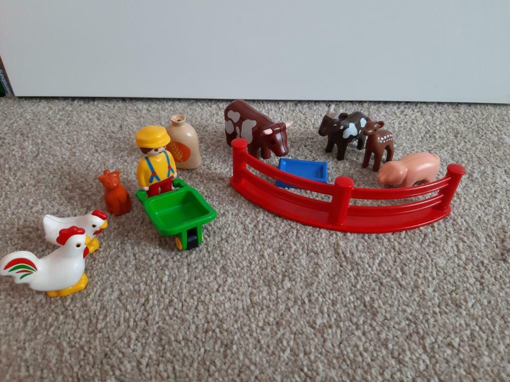 Playmobil 1.2.3. boer met heel veel diertjes, kruiwagen, ..., Ophalen of Verzenden, Zo goed als nieuw, Complete set