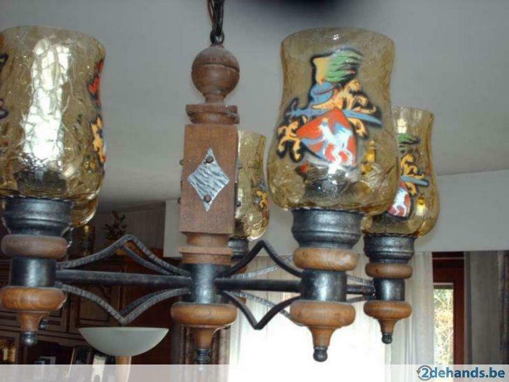 Luster gesmeed voor 5 lampen, Maison & Meubles, Lampes | Lustres, Utilisé, Verre, Bois, Enlèvement