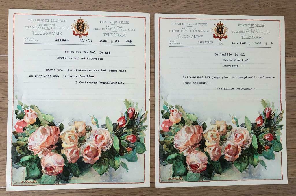 Huwelijkstelegram 22/9/1936 - A. Tinot - Boeket rozen, Verzamelen, Ophalen of Verzenden, 1920 tot 1940, Gelopen, Antwerpen