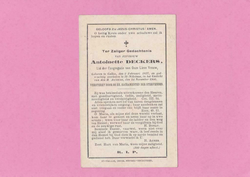 DP Antoinette Deckers, Verzenden, Bidprentje