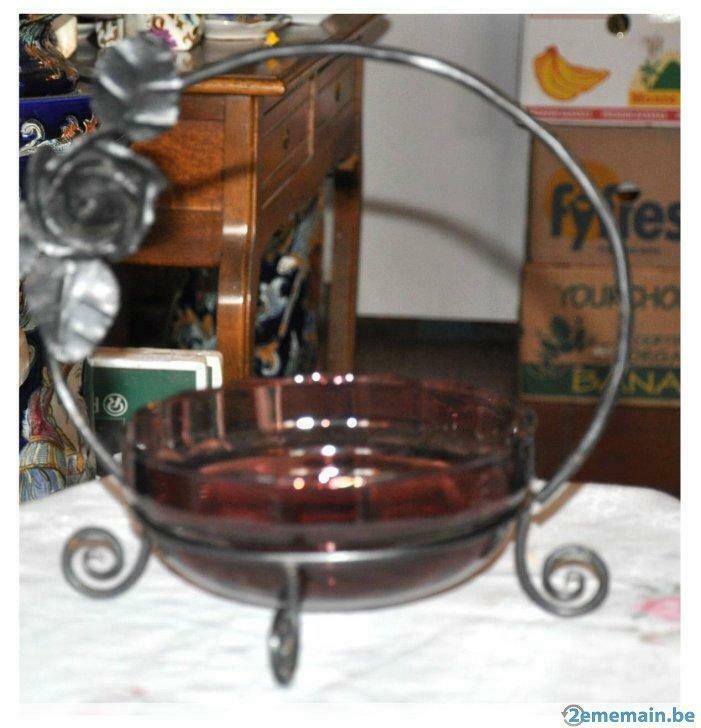 fruitier verre art decor rond avec support fer forgé, Antiquités & Art, Enlèvement ou Envoi