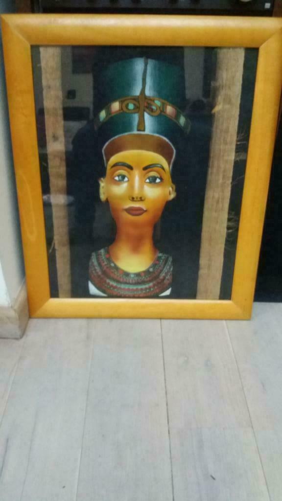Schilderij op papyrus-koningin Nefertiti- ingekaderd, Antiek en Kunst, Kunst | Schilderijen | Klassiek, Ophalen