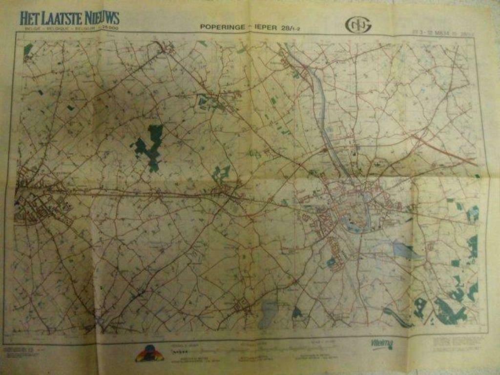 oude landkaart Poperinge Ieper, Boeken, Atlassen en Landkaarten, Verzenden, Zo goed als nieuw, België, Landkaart
